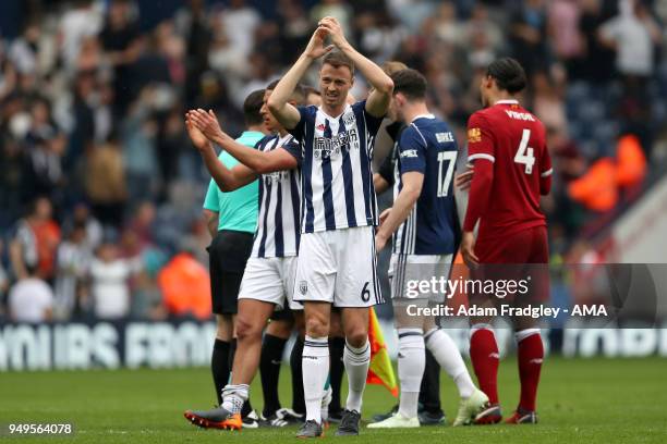 Jonny Evans of West Bromwich Albion applauds the West Bromwich Albion Fans at the end of the match during the Premier League match between West...
