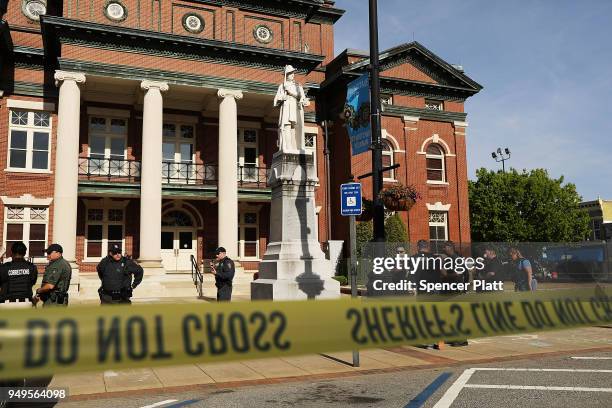 Police gather hours before members and supporters of the National Socialist Movement, one of the largest neo-Nazi groups in the US, are to hold a...