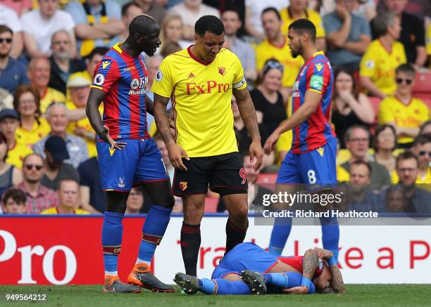 Troy Deeney of Watford confronts Mamadou Sakho of Crystal Palace after Patrick van Aanholt of Crystal Palace goes down during the Premier League...