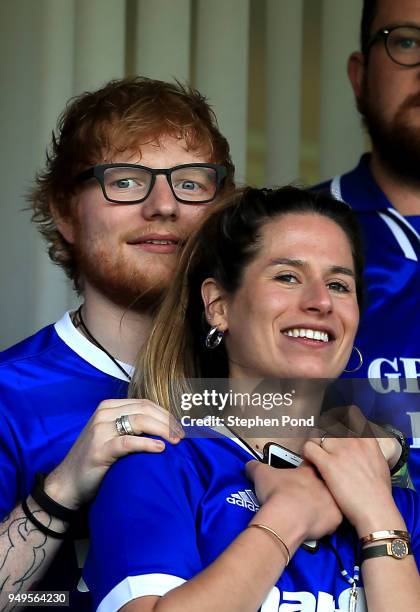 Musician Ed Sheeran and fiance Cherry Seaborn look on during the Sky Bet Championship match between Ipswich Town and Aston Villa at Portman Road on...