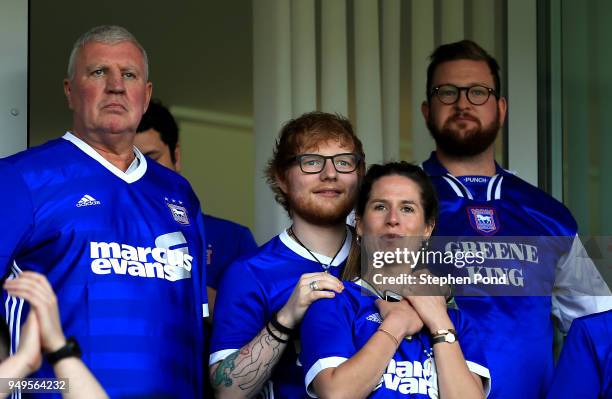 Musician Ed Sheeran and fiance Cherry Seaborn look on during the Sky Bet Championship match between Ipswich Town and Aston Villa at Portman Road on...