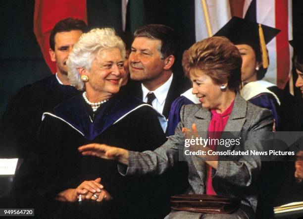 American First Lady Barbara Bush and Wife of the President of the Soviet Union Raisa Gorbachev talk together as they attend graduation ceremonies at...