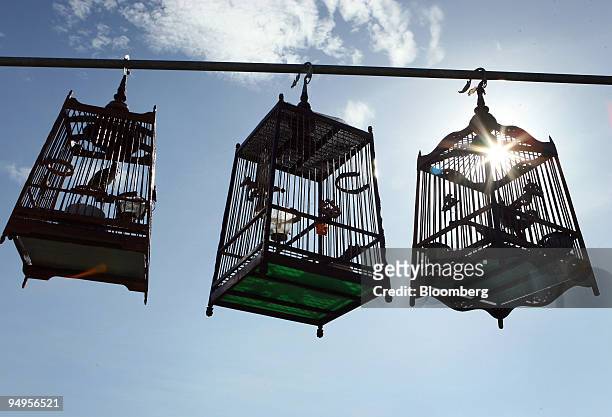 Bird cages hang along the Golok River by the Thai border, in Narathiwat, Thailand, across from Rantau Panjang in Kelantan, Malaysia, on Friday, Sept....