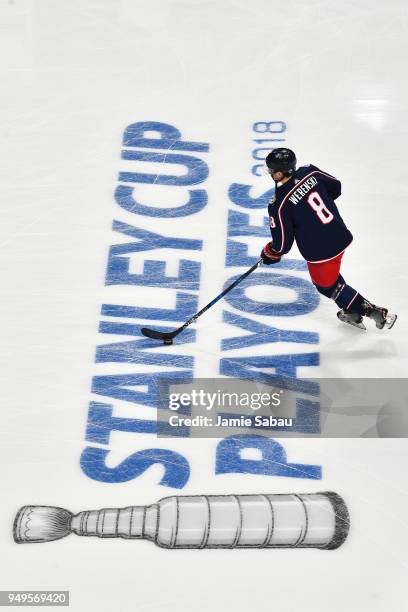 Zach Werenski of the Columbus Blue Jackets warms up before Game Four of the Eastern Conference First Round against the Washington Capitals during the...