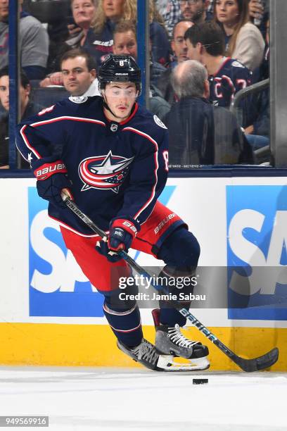 Zach Werenski of the Columbus Blue Jackets skates against the Washington Capitals in Game Four of the Eastern Conference First Round during the 2018...