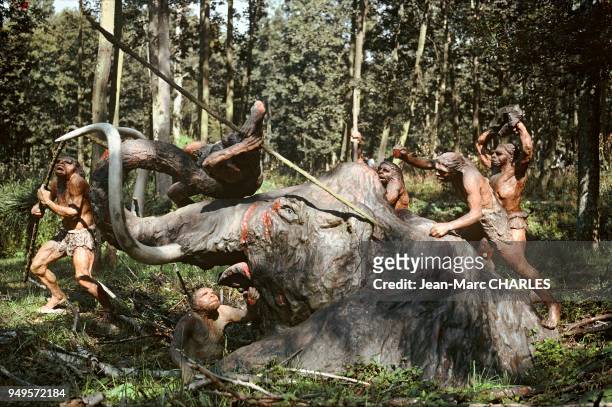 Neanderthal men hunting for mammoths in Saint-Vrain, in the Essonne region. Les hommes Néenderthal à la chasse aux mammouths à Saint-Vrain dans...