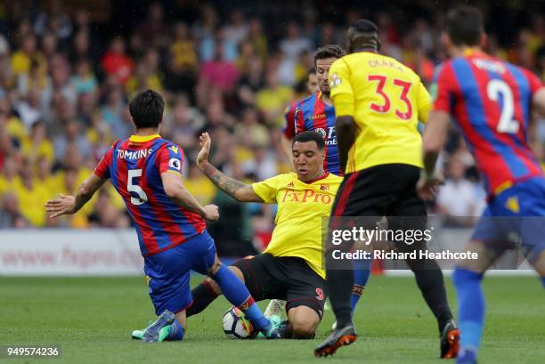 James Tomkins of Crystal Palace fouls Troy Deeney of Watford during the Premier League match between Watford and Crystal Palace at Vicarage Road on...