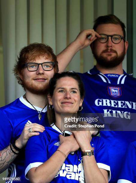 Musician Ed Sheeran and fiance Cherry Seaborn look on during the Sky Bet Championship match between Ipswich Town and Aston Villa at Portman Road on...