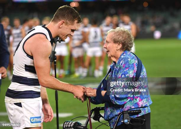 Joel Selwood of the Cats receives the Peter Badcoe Anzac day medal during the round five AFL match between the Port Adelaide Power and the Geelong...