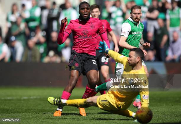 Odsonne Edouard of Celtic scores during the Ladbrokes Scottish Premiership match between Hibernian and Celtic at Easter Road on April 21, 2018 in...