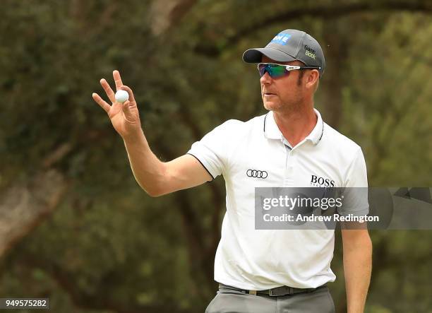 Mikko Ilonen of Finland celebrates his birdie on the 18th hole during the third round of the Trophee Hassan II at Royal Golf Dar Es Salam on April...