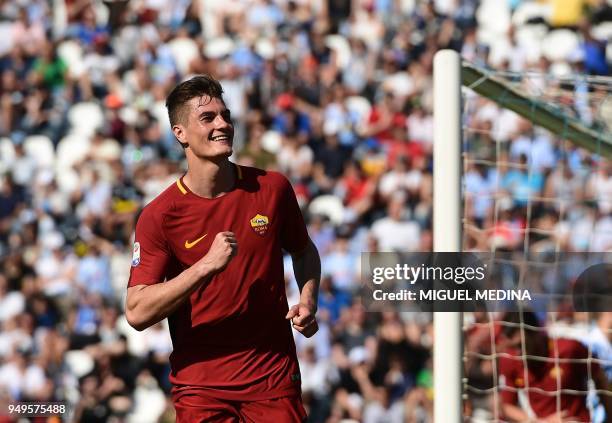 Roma's Czech forward Patrik Schick celebrates after scoring a goal during the Italian Serie A football match betweel SPAL and AS Roma at the Paolo...