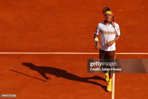 Kei Nishikori of Japan plays reacts during his men's Semi-Final match against Alexander Zverev Jr. Of Germany during day seven of ATP Masters Series:...