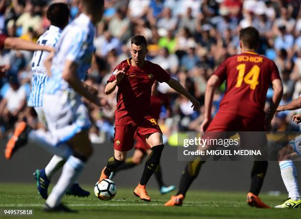 Roma's Italian forward Stephan El Shaarawy runs with the ball during the Italian Serie A football match betweel SPAL and AS Roma at the Paolo Mazza...