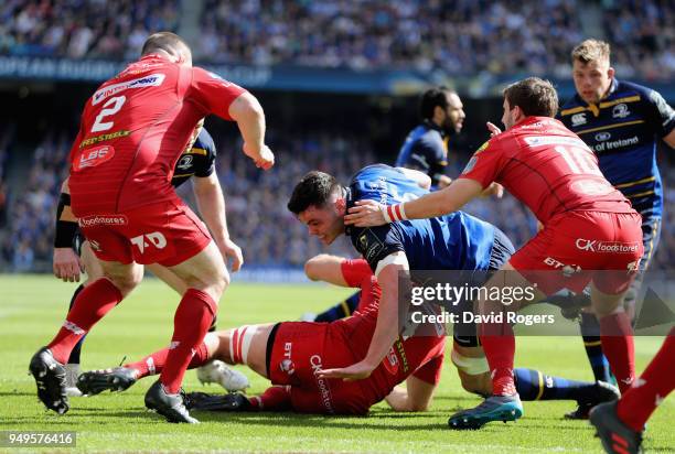 James Ryan of Leinster dives over for the first try during the European Rugby Champions Cup Semi-Final match between Leinster Rugby and Scarlets at...
