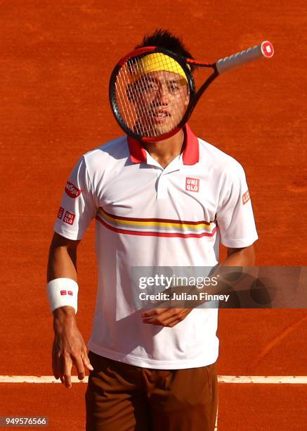 Kei Nishikori of Japan plays reacts during his men's Semi-Final match against Alexander Zverev Jr. Of Germany during day seven of ATP Masters Series:...