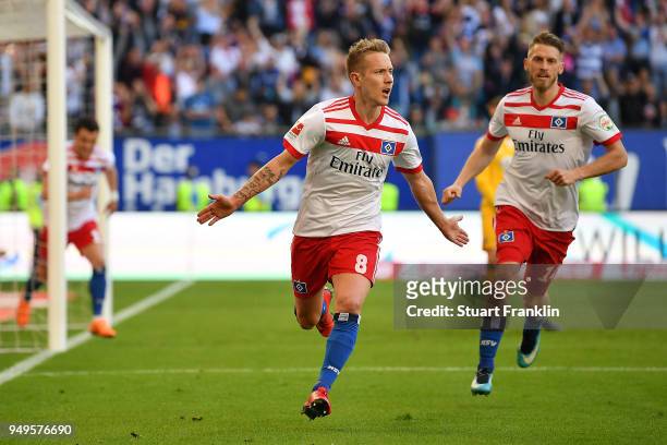 Lewis Holtby of Hamburg celebrates after he scored a goal to make it 1:0 during the Bundesliga match between Hamburger SV and Sport-Club Freiburg at...