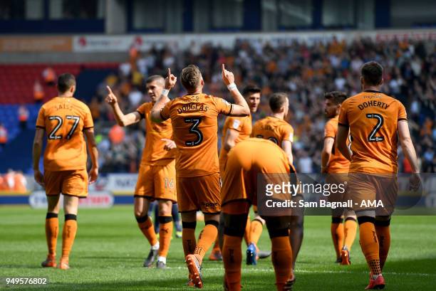 Barry Douglas of Wolverhampton Wanderers scores a goal to make it 0-1 during the Sky Bet Championship match between Bolton Wanderers and...