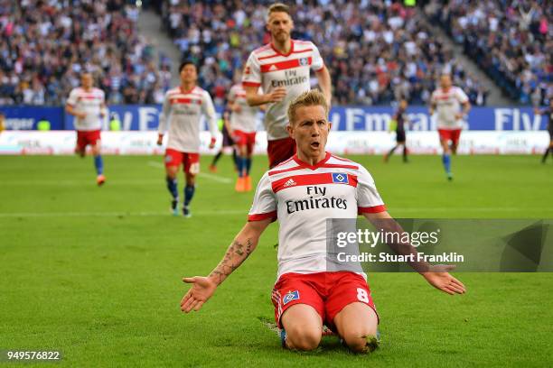 Lewis Holtby of Hamburg celebrates after he scored a goal to make it 1:0 during the Bundesliga match between Hamburger SV and Sport-Club Freiburg at...