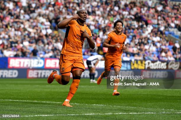 Benik Afobe of Wolverhampton Wanderers celebrates after scoring a goal to make it 0-2 during the Sky Bet Championship match between Bolton Wanderers...