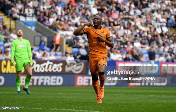 Benik Afobe of Wolverhampton Wanderers celebrates after scoring a goal to make it 0-2 during the Sky Bet Championship match between Bolton Wanderers...