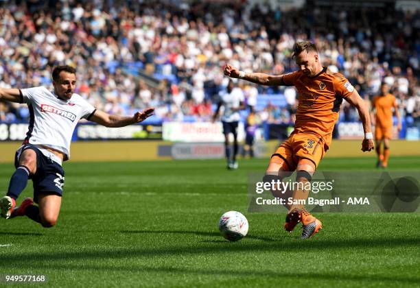 Barry Douglas of Wolverhampton Wanderers scores a goal to make it 0-1 during the Sky Bet Championship match between Bolton Wanderers and...