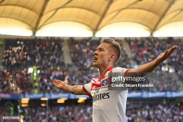 Lewis Holtby of Hamburg celebrates after he scored a goal to make it 1:0 during the Bundesliga match between Hamburger SV and Sport-Club Freiburg at...