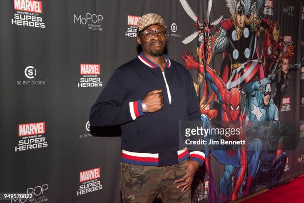 Producer, DJ and rapper Pete Rock walks the red carpet at the opening of the Marvel: Universe of Super Heroes exhibit at MoPop on April 20, 2018 in...