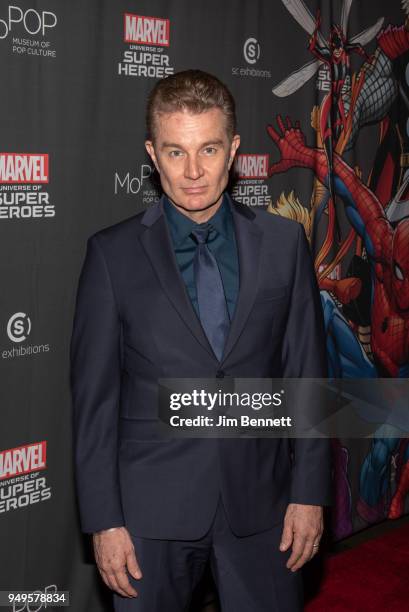 Actor and musician James Marsters walks the red carpet at the opening of the Marvel: Universe of Super Heroes exhibit at MoPop on April 20, 2018 in...