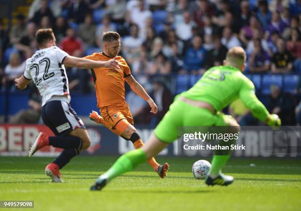Diogo Jose Teixeira da Silva of Wolverhampton Wanderers scores the first goal during the Sky Bet Championship match between Bolton Wanderers and...