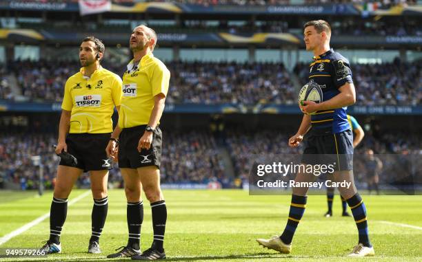 Dublin , Ireland - 21 April 2018; Leinster captain Jonathan Sexton speaks to referee Romain Poite during the European Rugby Champions Cup Semi-Final...