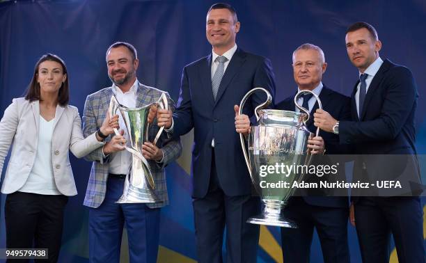 Champions League final ambassador Iya Andrushchak and Andriy Pavelko president of the Football Federation of Ukraine and Kyiv Mayor Vitali Klitschko...