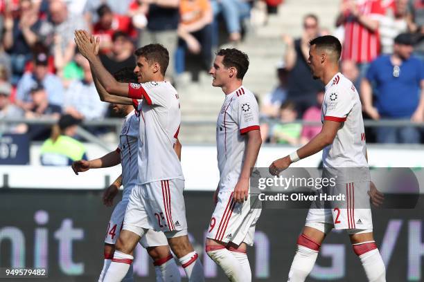 Thomas Mueller of Munich celebrate after his first goal during the Bundesliga match between Hannover 96 and FC Bayern Muenchen at HDI-Arena on April...