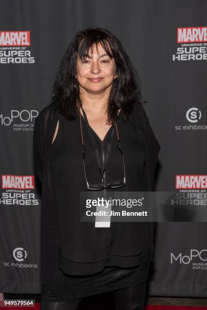 Editor, journalist writer, teacher and filmmaker Ann Nocenti walks the red carpet during the opening of the Marvel: Universe of Super Heroes exhibit...