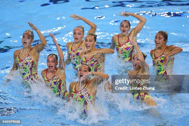 Team of the United States compete in Free Routine Synchronized Swimming final of Fina Artistic Swimming World Series 2018 on April 21, 2018 in...