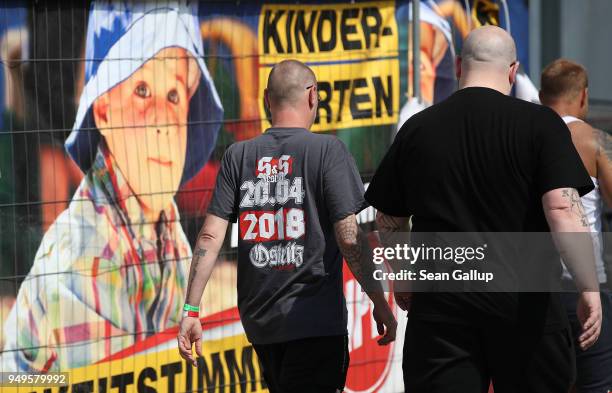 Participant earing an SS "Shield and Sword" t-shirt for a neo-Nazi music fest on April 21, 2018 in Ostritz, Germany. By early afternoon approximately...