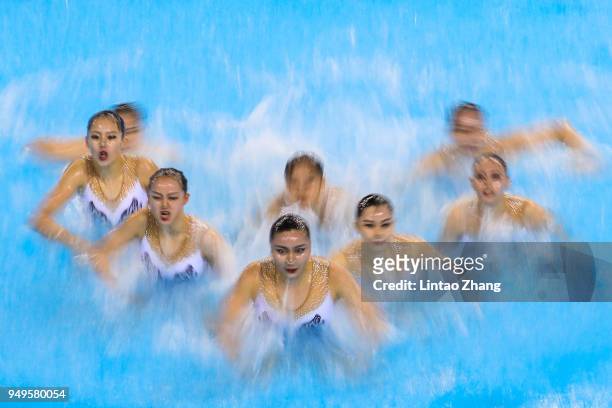 Team of Si Chuan province compete in Free Routine Synchronized Swimming final of Fina Artistic Swimming World Series 2018 on April 21, 2018 in...