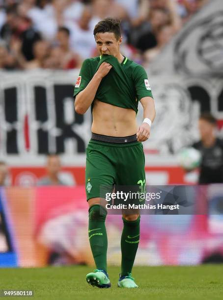 Marco Friedl of Bremen reacts during the Bundesliga match between VfB Stuttgart and SV Werder Bremen at Mercedes-Benz Arena on April 21, 2018 in...