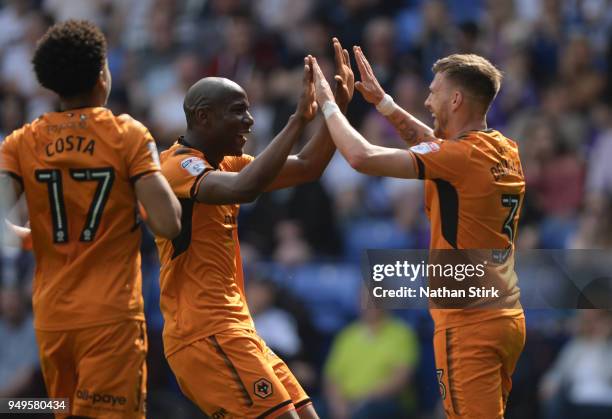 Diogo Jose Teixeira da Silva of Wolverhampton Wanderers celebrates with Benik Afobe after he scores the first goal of the game during the Sky Bet...