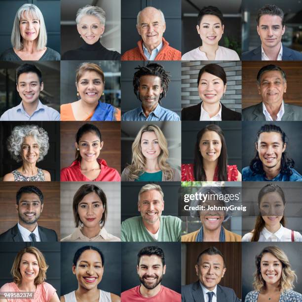 headshot portraits of diverse smiling people - diverse large group of people stock pictures, royalty-free photos & images