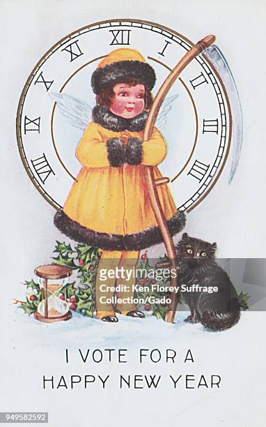 Color New Year's greeting card, depicting a small girl wearing a yellow dress with black, fur trim, with a black cat seated at her feet, and the...