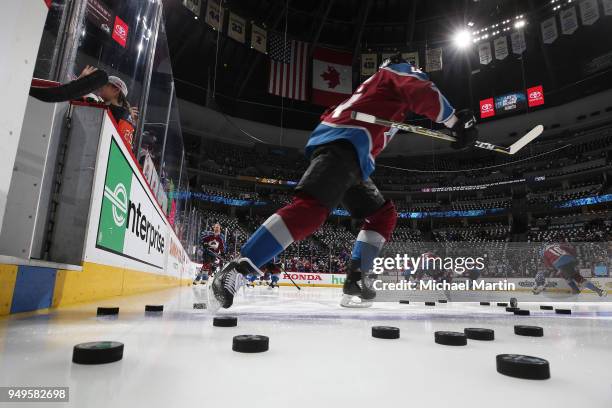 Mark Barberio of the Colorado Avalanche takes to the ice prior to the game against the Nashville Predators in Game Four of the Western Conference...