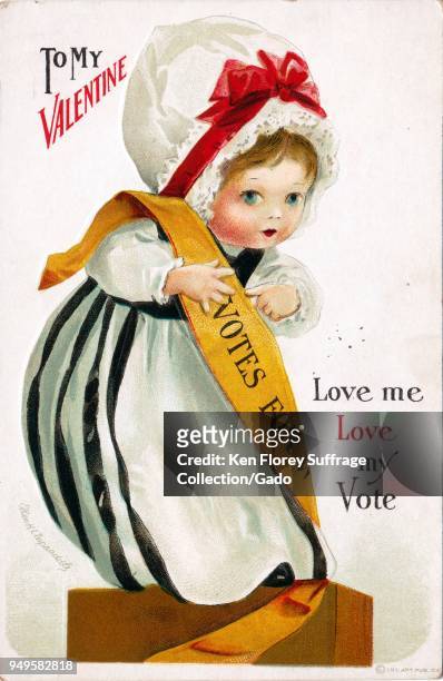 Color Valentine's Day card, depicting a small girl, wearing a "Votes For Women" sash, and the pro-suffrage caption "Love me, love my vote, "...