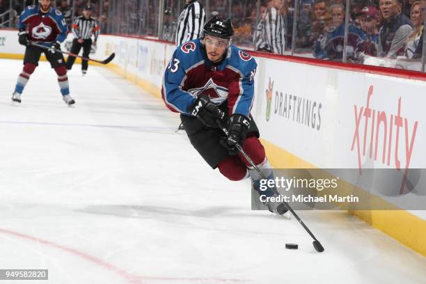 Matt Nieto of the Colorado Avalanche skates against the Nashville Predators in Game Four of the Western Conference First Round during the 2018 NHL...