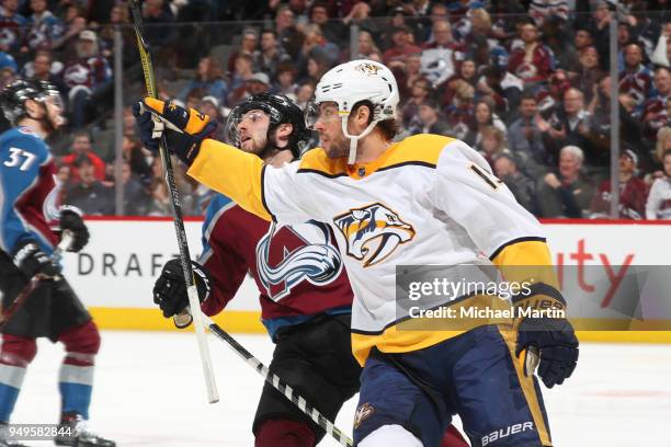 Craig Smith of the Nashville Predators celebrates a goal against the Colorado Avalanche in Game Four of the Western Conference First Round during the...