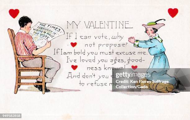 Color, suffrage-era, Valentine's Day card, depicting a role reversal scenario in which a young woman proposes to a man, with the text "My Valentine,...