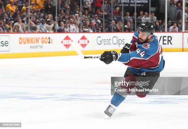 Mark Barberio of the Colorado Avalanche shoots against the Nashville Predators in Game Four of the Western Conference First Round during the 2018 NHL...