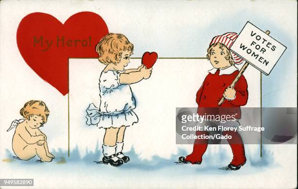 Color Valentine's Day card, depicting a small girl, wearing white, giving a valentine to a boy who holds a sign reading "Votes for Women, " and a...