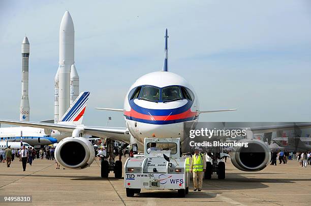 Sukhoi SSJ100 Superjet 100 sits on display at the Paris Air Show in Le Bourget, France, on Wednesday, June 17, 2009. The 48th International Paris Air...