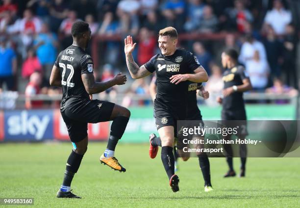 Wigan's Max Power celebrates scoring his side's first goal during the Sky Bet League One match between Fleetwood Town and Wigan Athletic at Highbury...